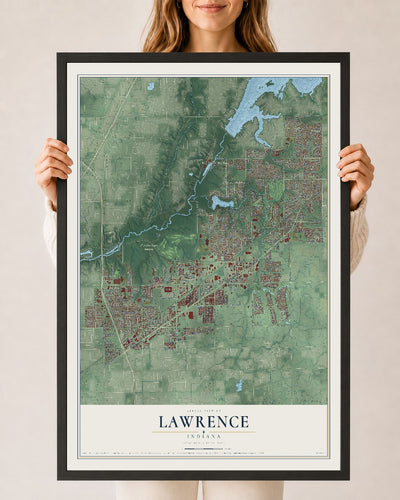 Map of Lawrence, Indiana, 24 x 36 inch print in a black wood frame