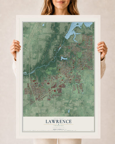 Map of Lawrence, Indiana, 24 x 36 inch print in a white wood frame
