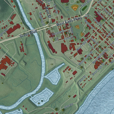 Close-up of the map of Lawrenceburg, Indiana print showing street and building detail
