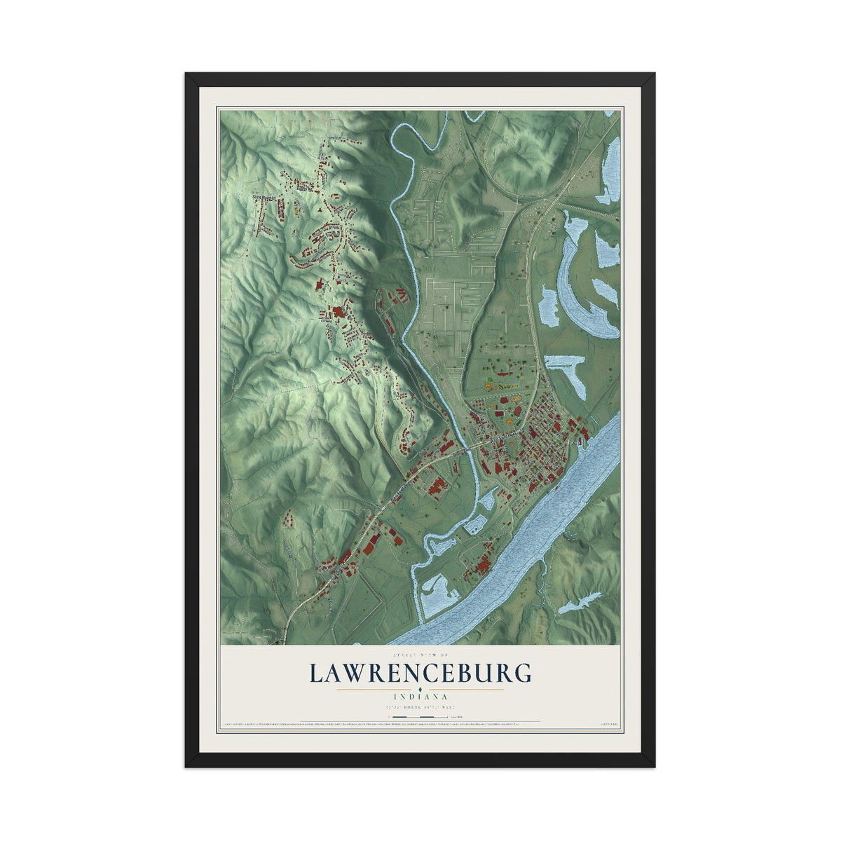Map of Lawrenceburg, Indiana, 12 x 18 inch print in a black wood frame