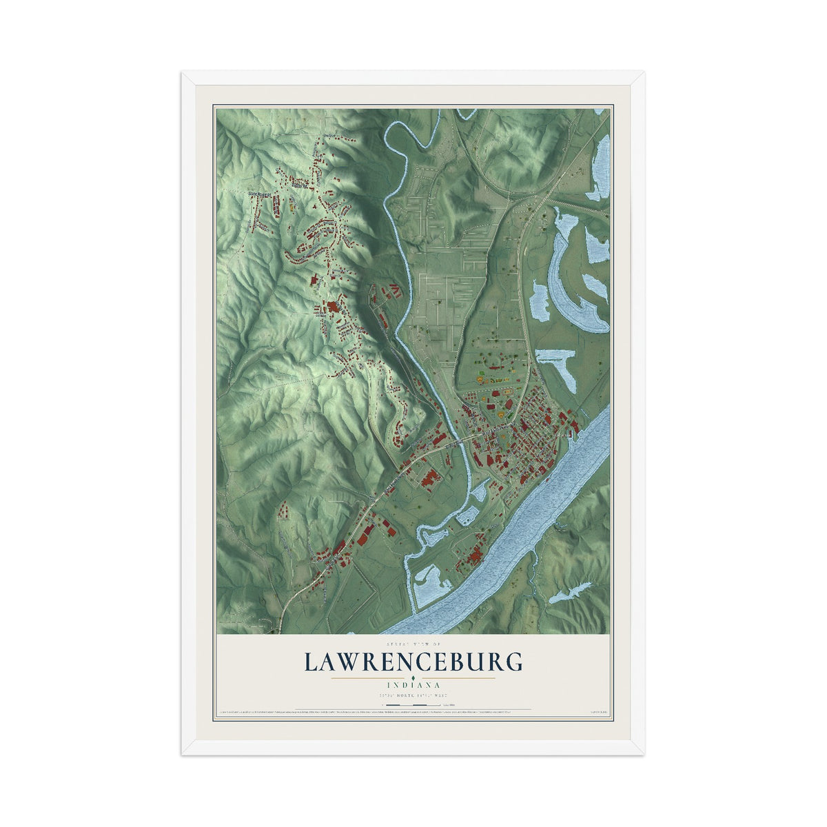 Map of Lawrenceburg, Indiana, 12 x 18 inch print in a white wood frame
