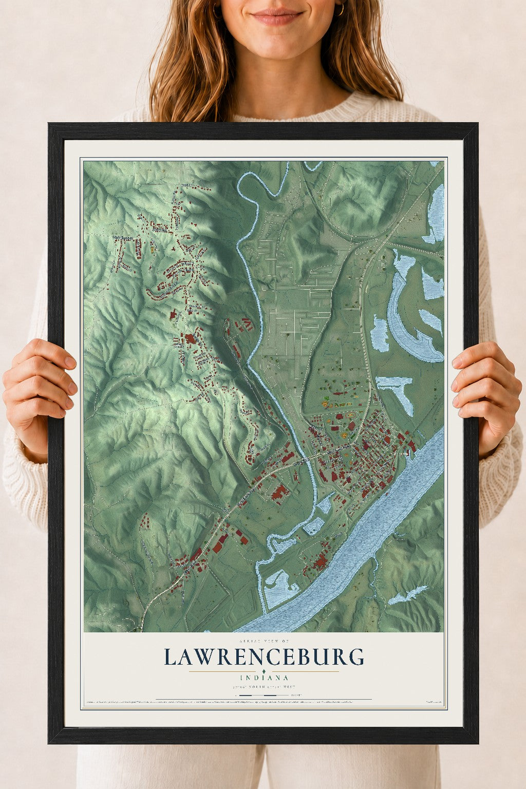 Map of Lawrenceburg, Indiana, 18 x 24 inch print in a black wood frame