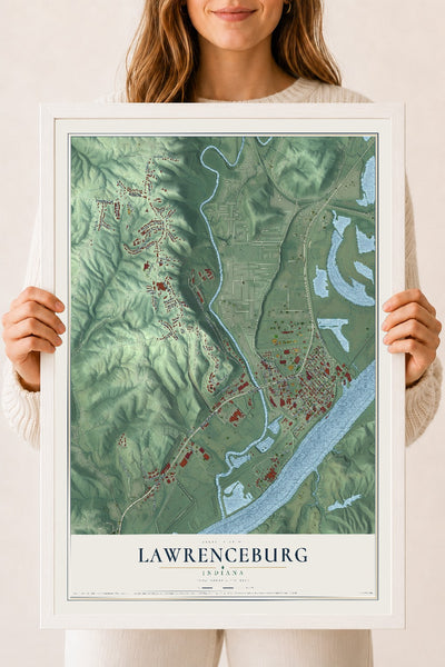 Map of Lawrenceburg, Indiana, 18 x 24 inch print in a white wood frame