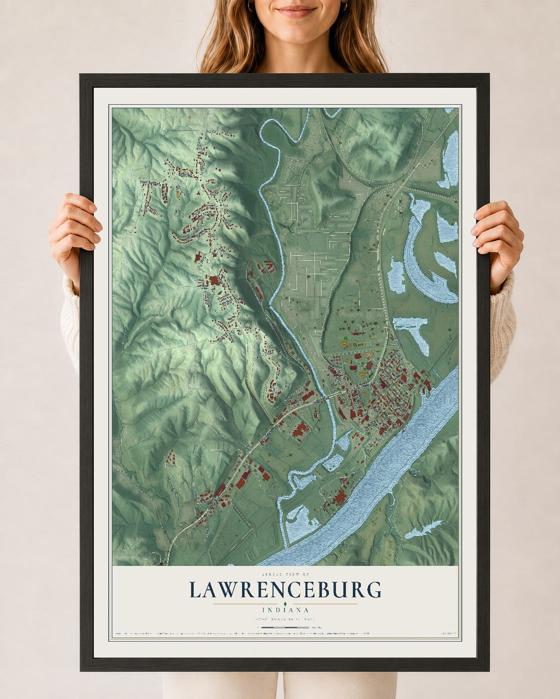 Map of Lawrenceburg, Indiana, 24 x 36 inch print in a black wood frame