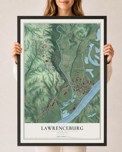 Map of Lawrenceburg, Indiana, 24 x 36 inch print in a black wood frame