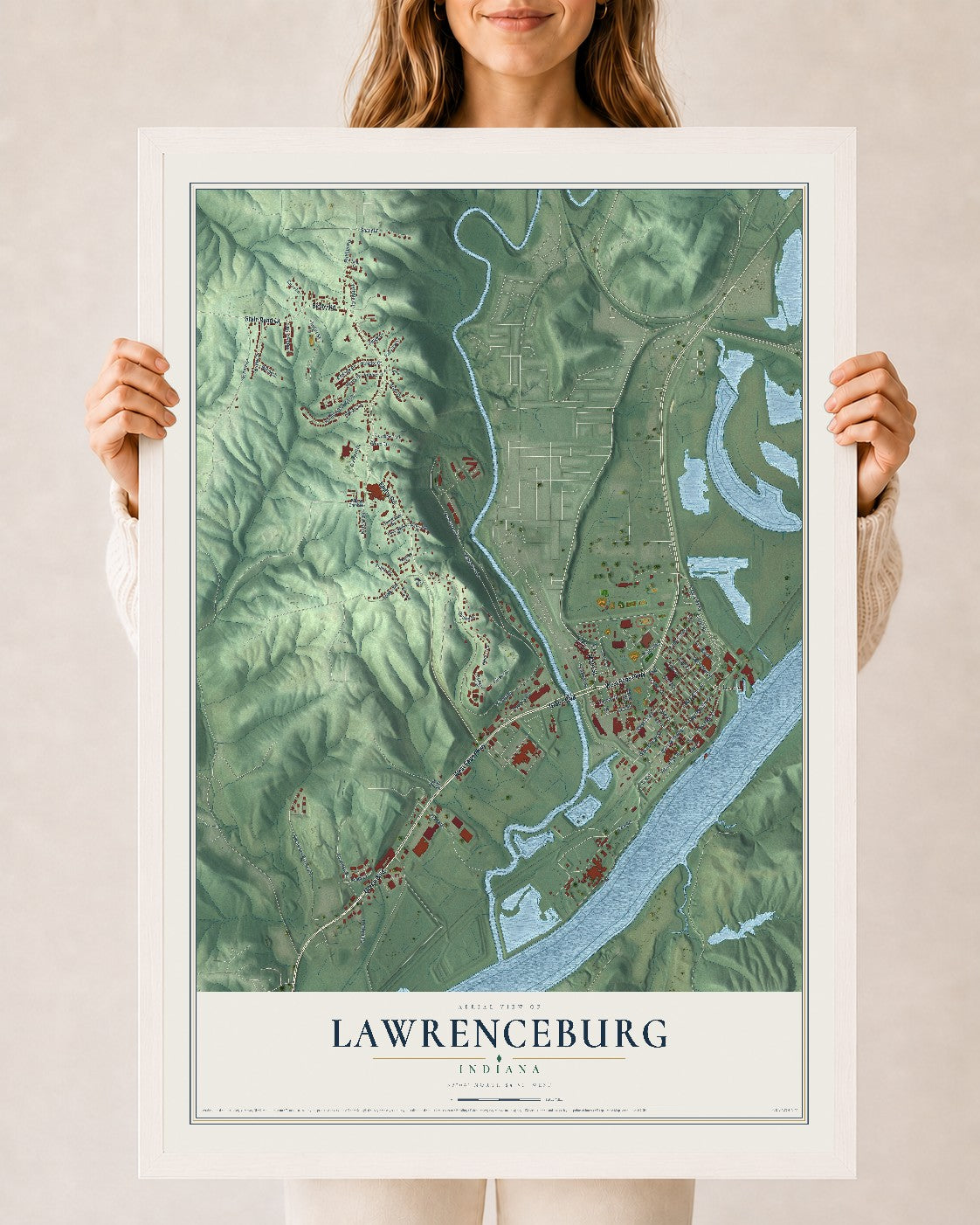 Map of Lawrenceburg, Indiana, 24 x 36 inch print in a white wood frame