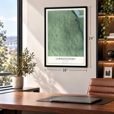 Lawrenceport, Indiana map, 18 x 24 inch print in a black frame in a home office