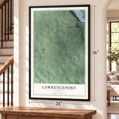 Lawrenceport, Indiana map, 24 x 36 inch print in a black frame by a staircase