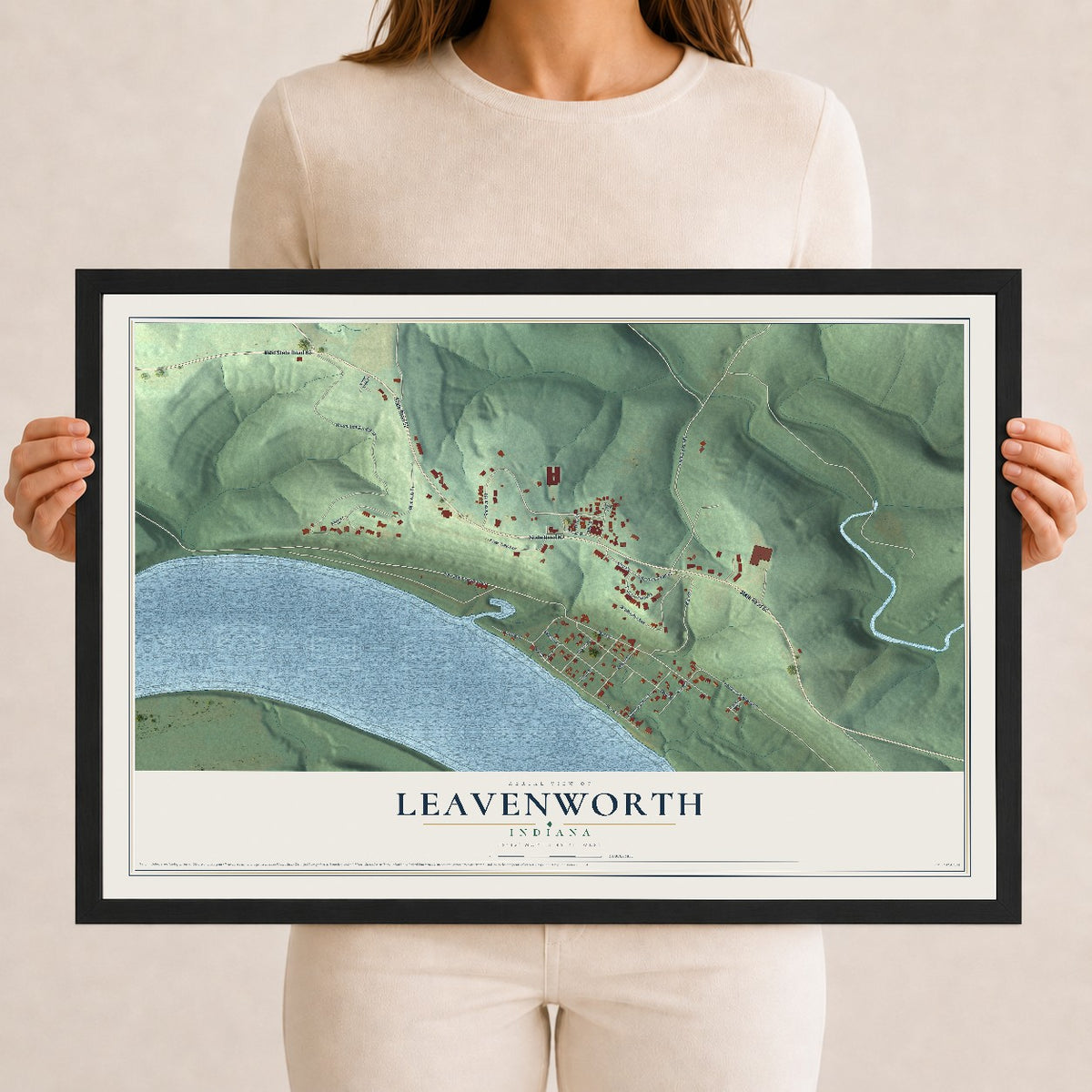 Map of Leavenworth, Indiana, 12 x 18 inch print in a black wood frame