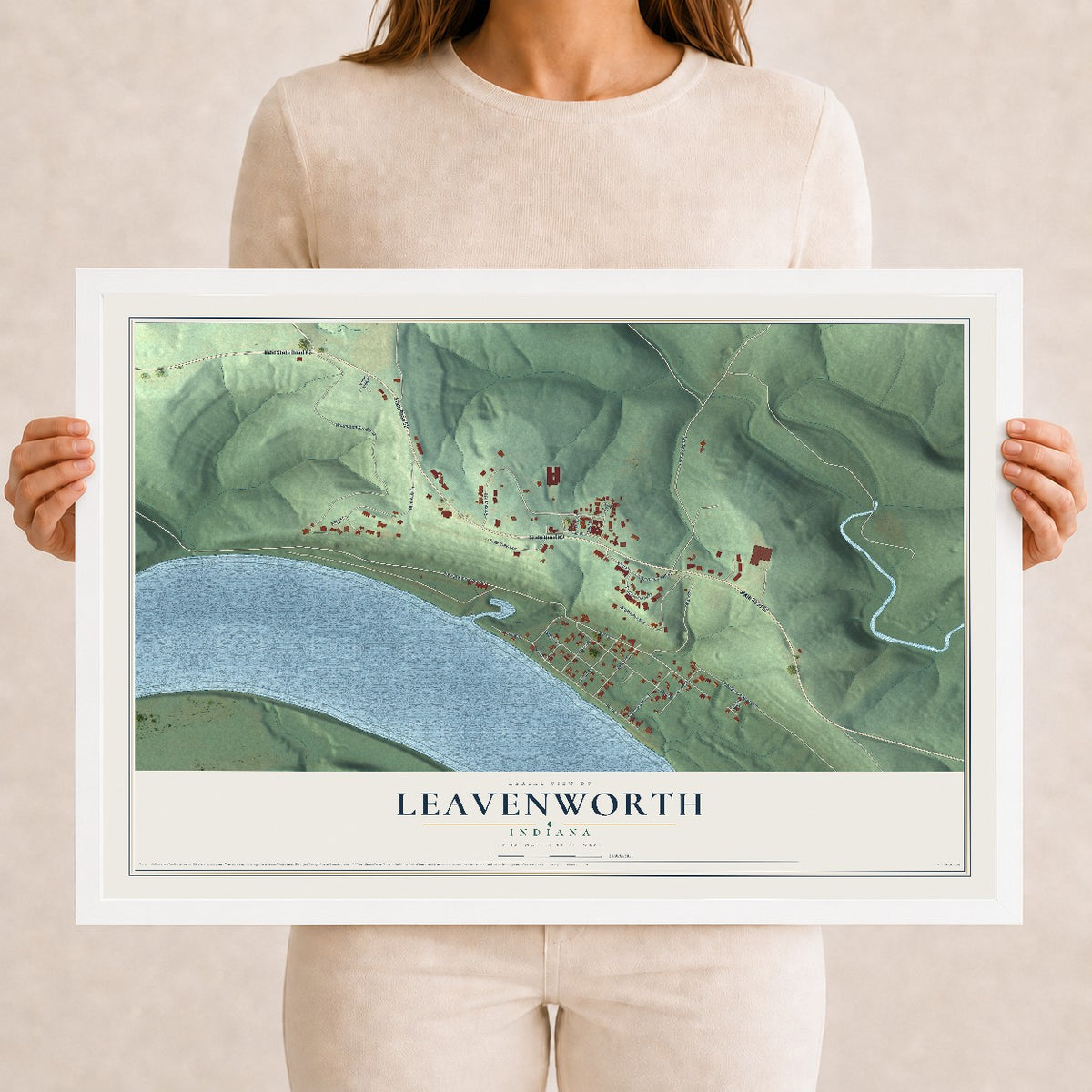 Map of Leavenworth, Indiana, 12 x 18 inch print in a white wood frame