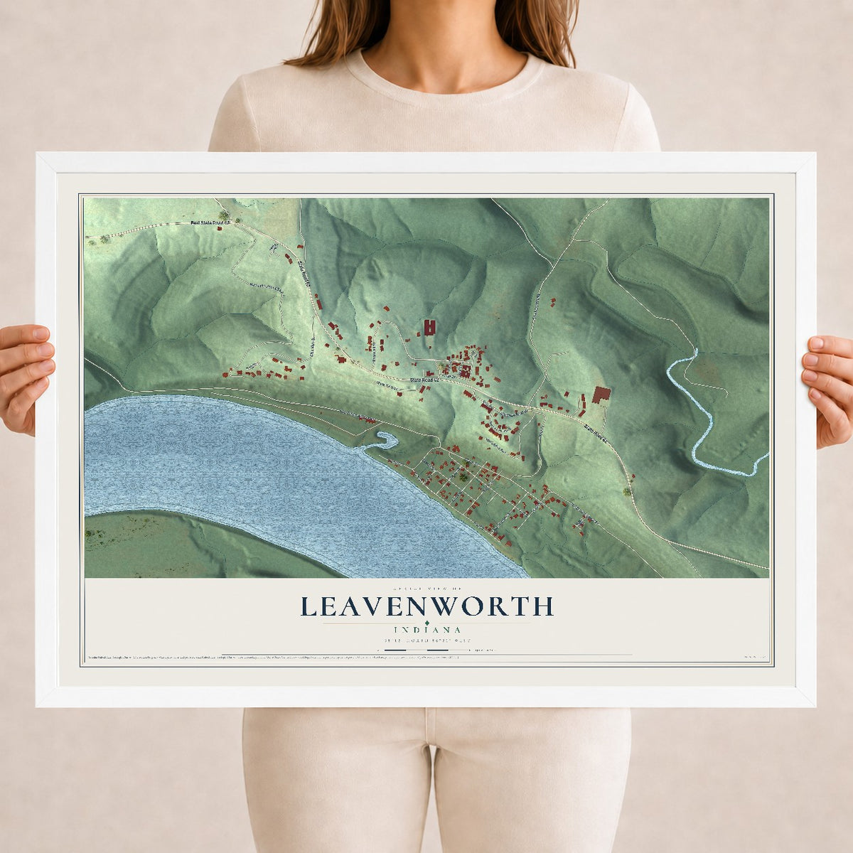 Map of Leavenworth, Indiana, 18 x 24 inch print in a white wood frame
