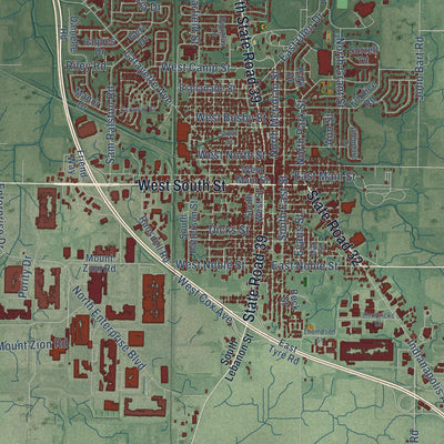 Close-up of the map of Lebanon, Indiana print showing street and building detail
