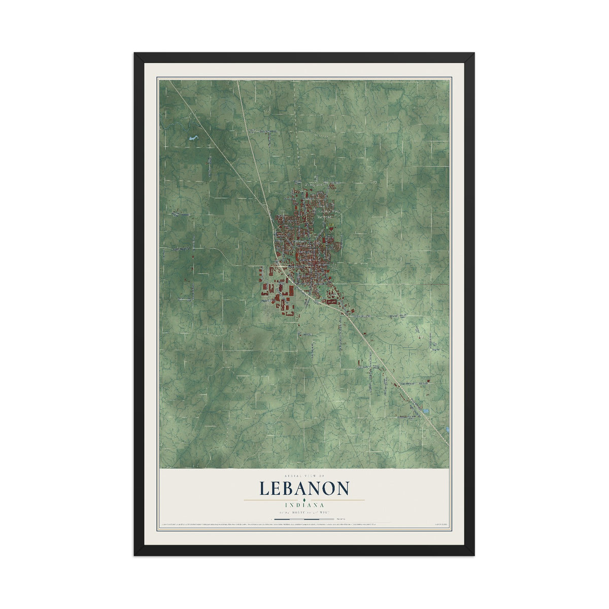 Map of Lebanon, Indiana, 12 x 18 inch print in a black wood frame