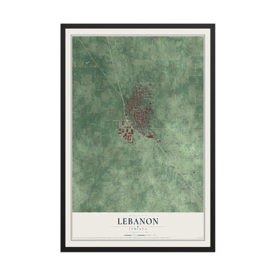 Map of Lebanon, Indiana, 12 x 18 inch print in a black wood frame