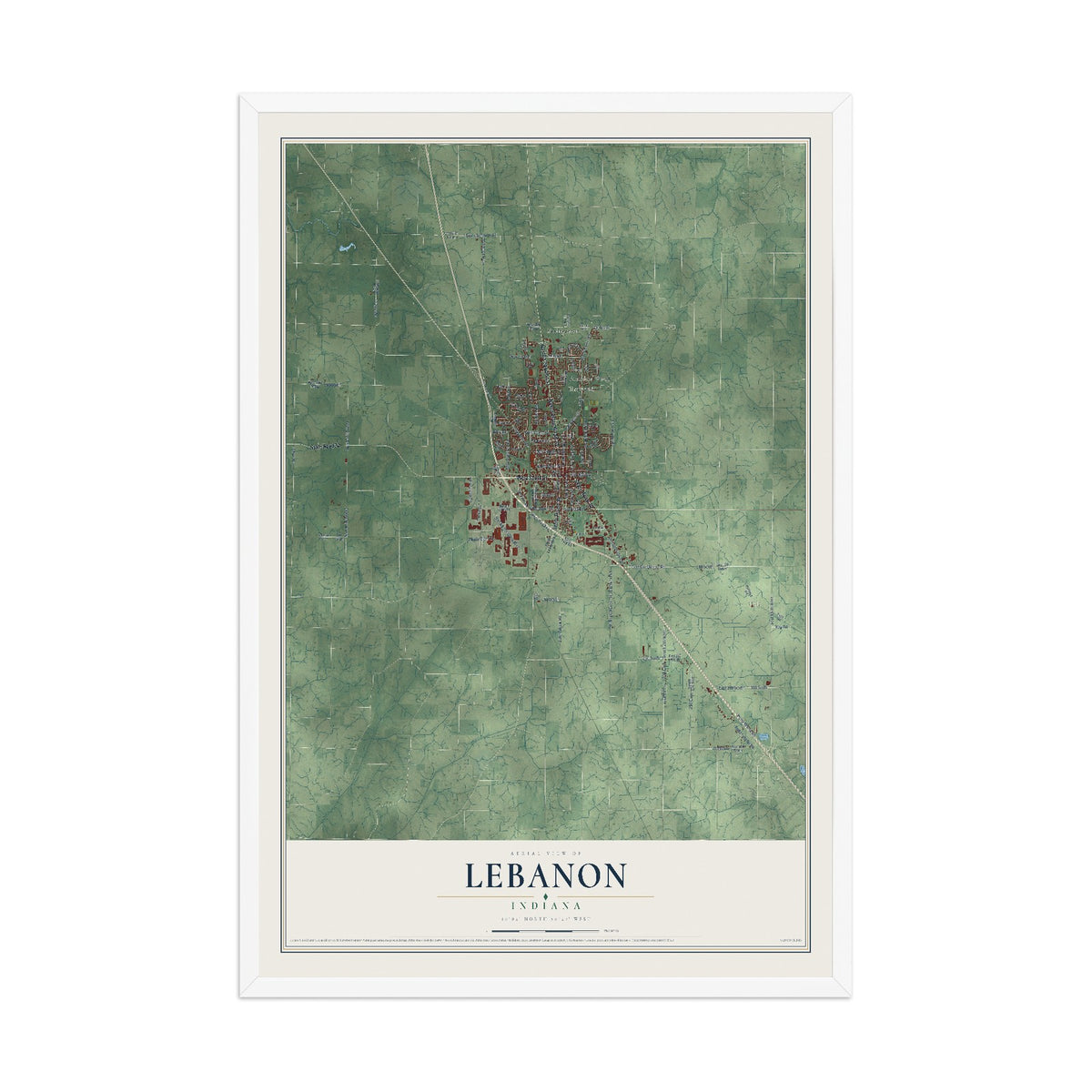 Map of Lebanon, Indiana, 12 x 18 inch print in a white wood frame