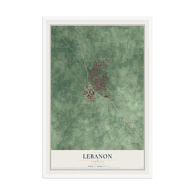 Map of Lebanon, Indiana, 12 x 18 inch print in a white wood frame