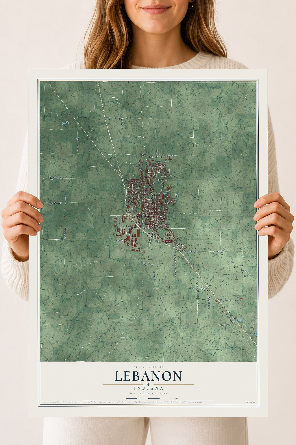 Map of Lebanon, Indiana, 18 x 24 inch unframed archival matte print