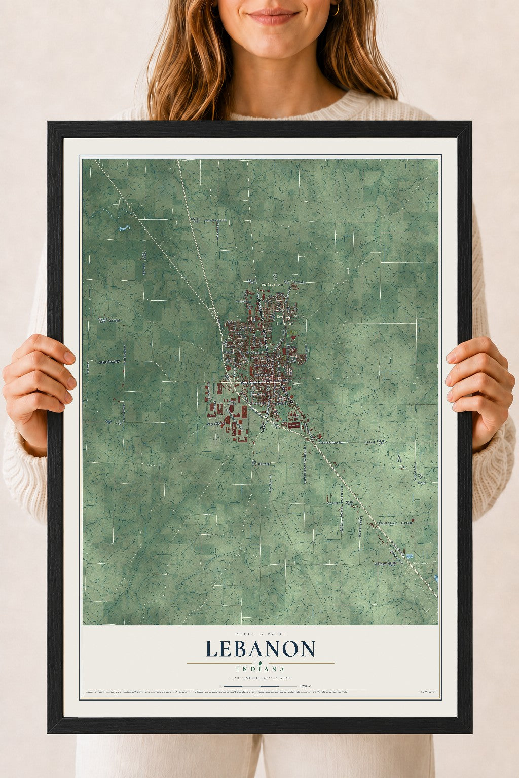 Map of Lebanon, Indiana, 18 x 24 inch print in a black wood frame