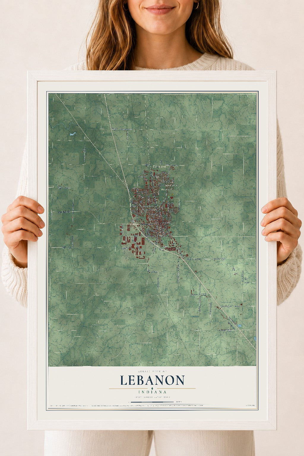 Map of Lebanon, Indiana, 18 x 24 inch print in a white wood frame