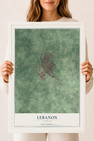 Map of Lebanon, Indiana, 18 x 24 inch print in a white wood frame