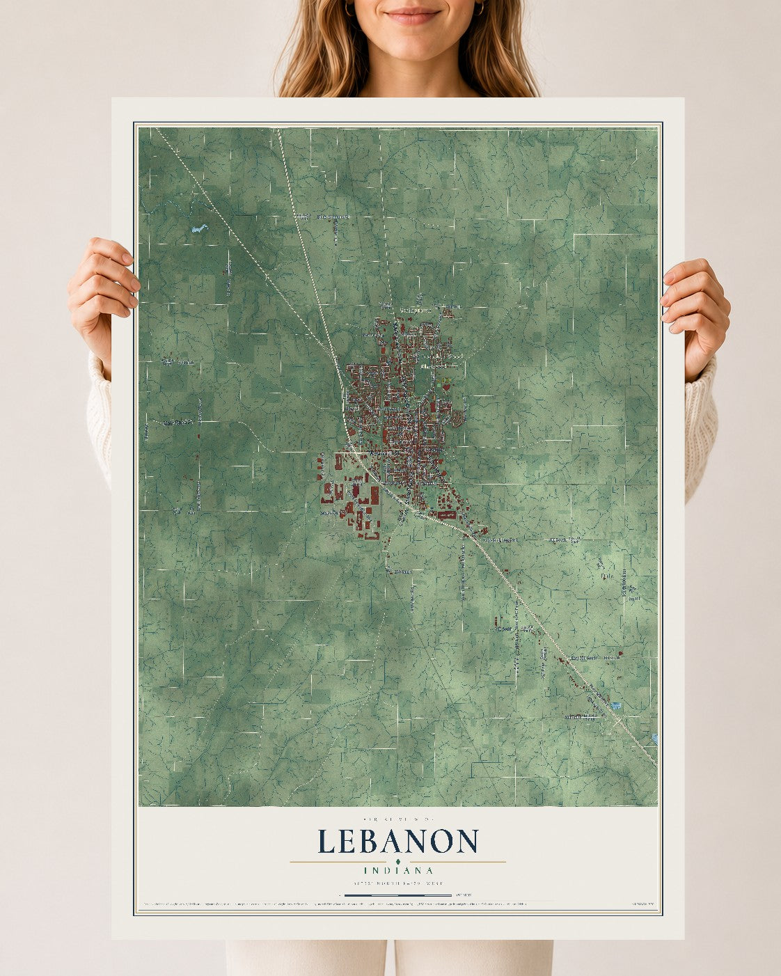 Map of Lebanon, Indiana, 24 x 36 inch unframed archival matte print