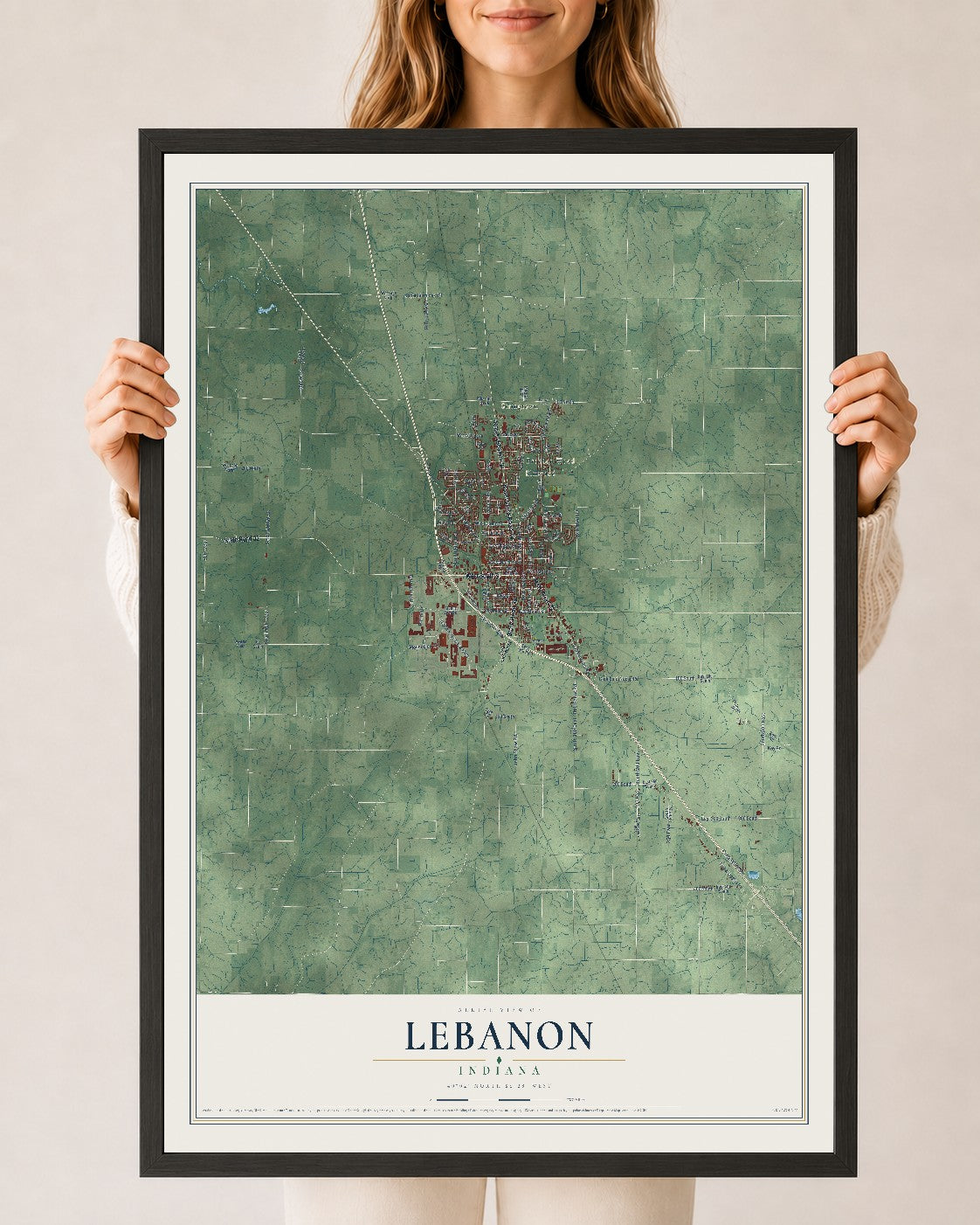 Map of Lebanon, Indiana, 24 x 36 inch print in a black wood frame