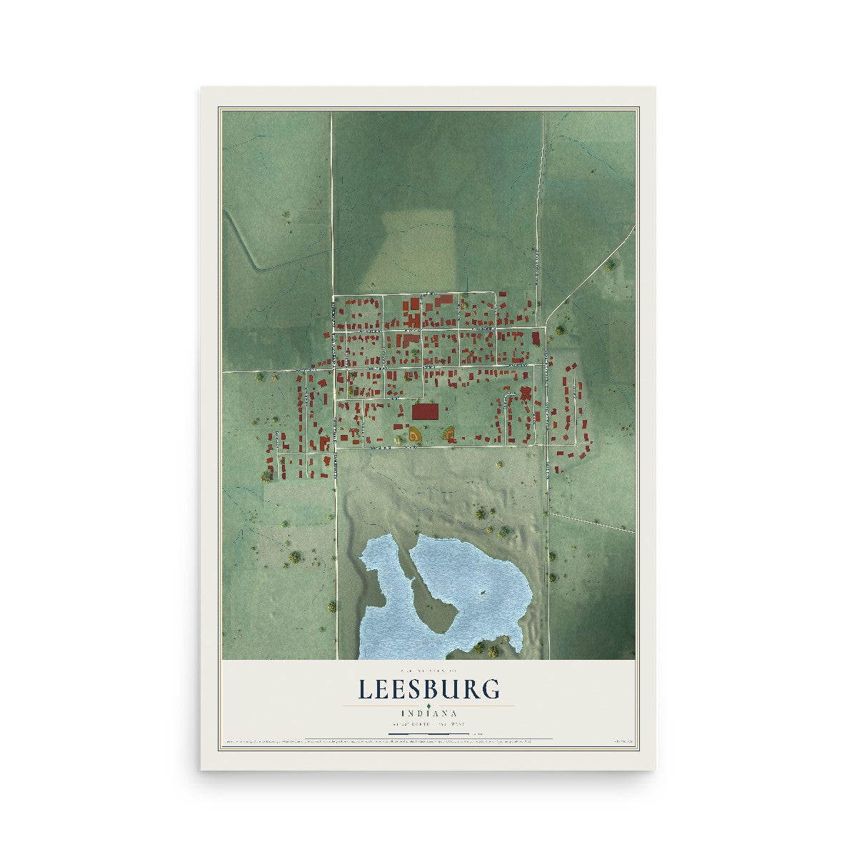 Map of Leesburg, Indiana, 12 x 18 inch unframed archival matte print
