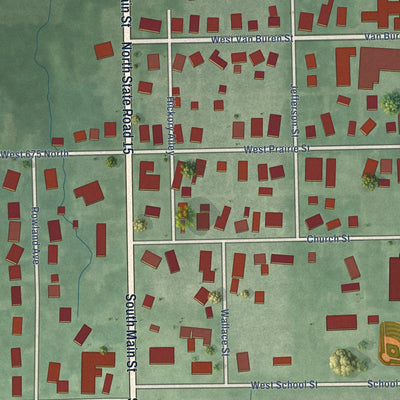 Close-up of the map of Leesburg, Indiana print showing street and building detail