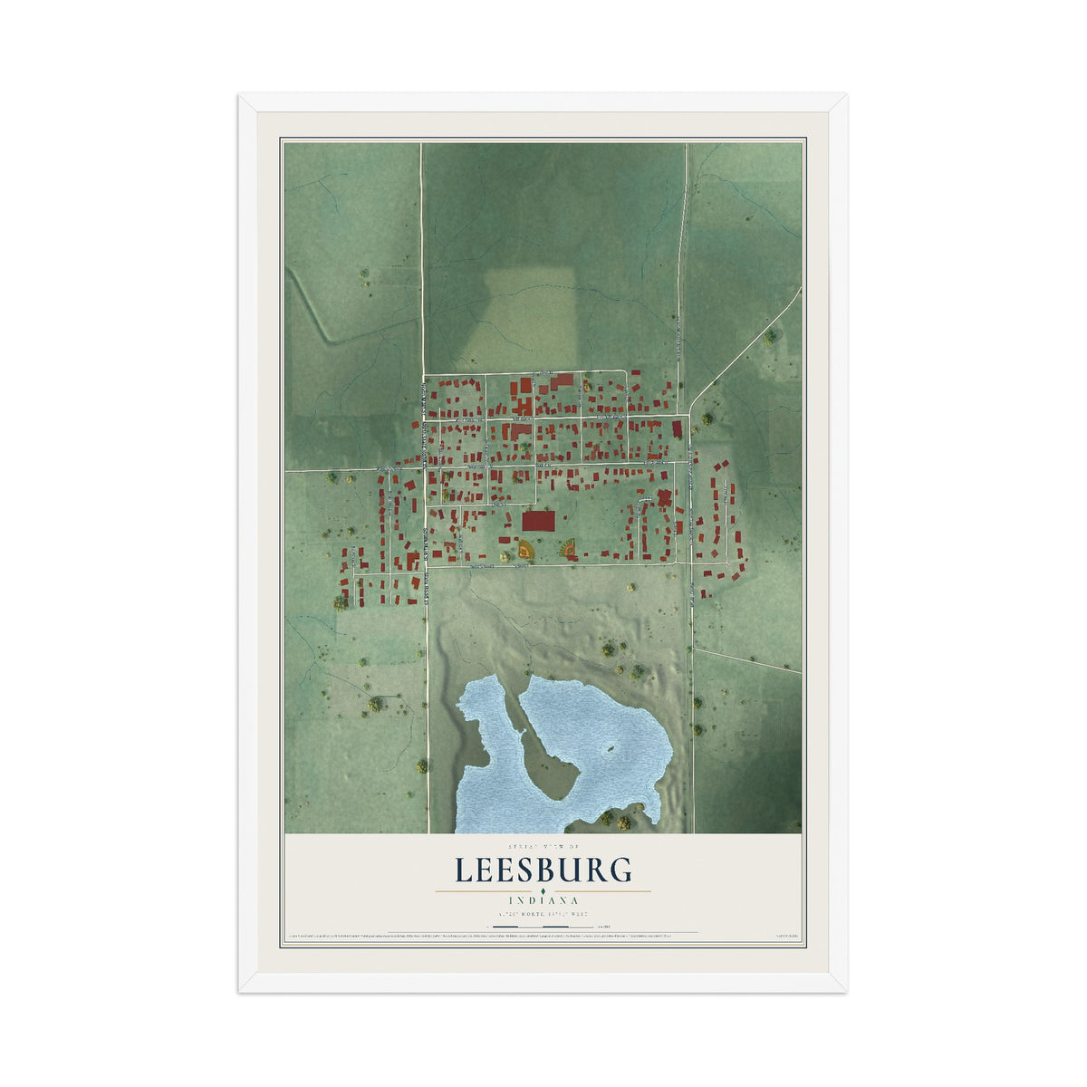 Map of Leesburg, Indiana, 12 x 18 inch print in a white wood frame