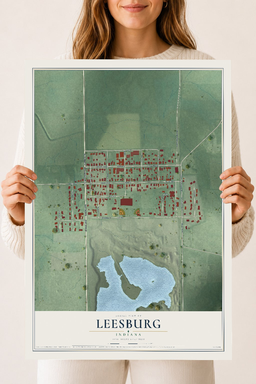 Map of Leesburg, Indiana, 18 x 24 inch unframed archival matte print