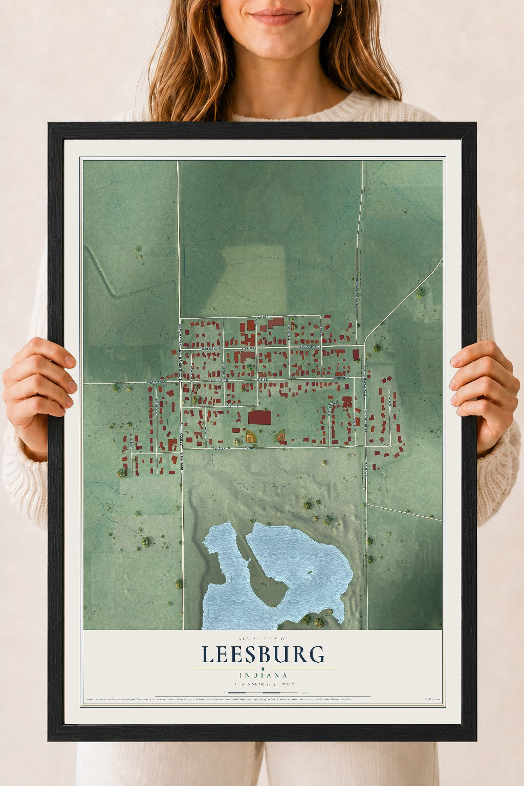 Map of Leesburg, Indiana, 18 x 24 inch print in a black wood frame