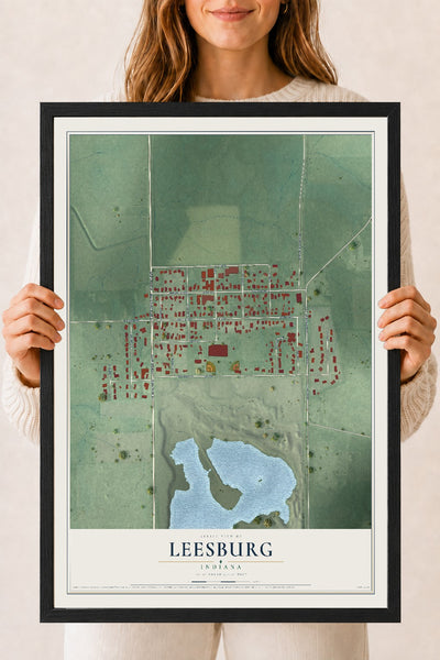 Map of Leesburg, Indiana, 18 x 24 inch print in a black wood frame