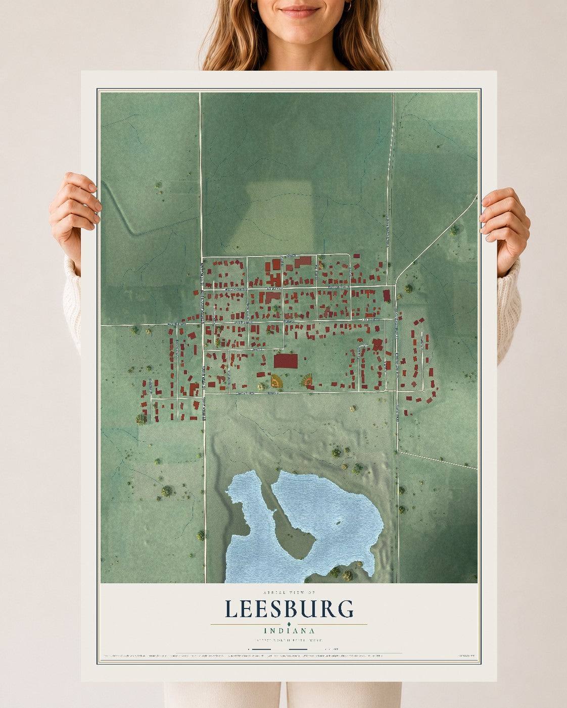 Map of Leesburg, Indiana, 24 x 36 inch unframed archival matte print