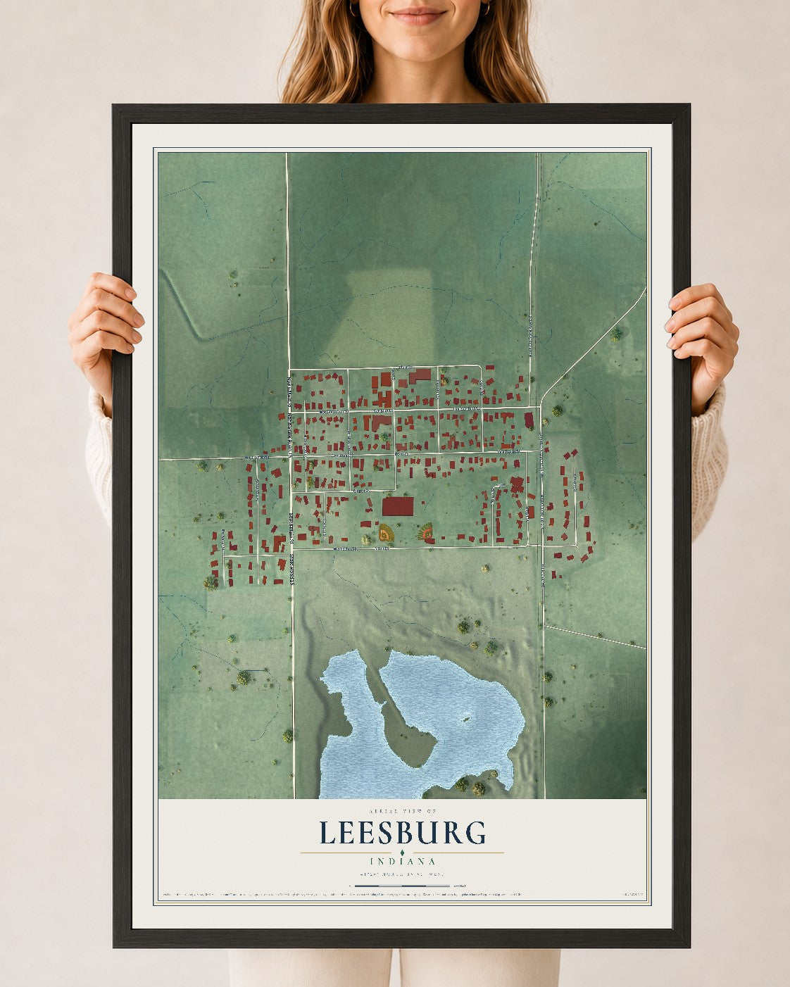 Map of Leesburg, Indiana, 24 x 36 inch print in a black wood frame