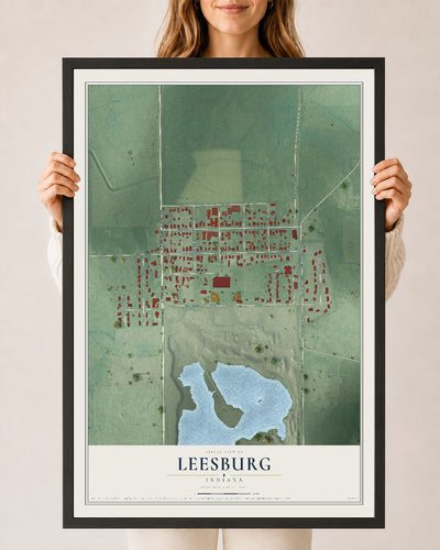 Map of Leesburg, Indiana, 24 x 36 inch print in a black wood frame