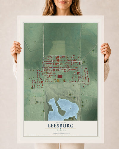 Map of Leesburg, Indiana, 24 x 36 inch print in a white wood frame