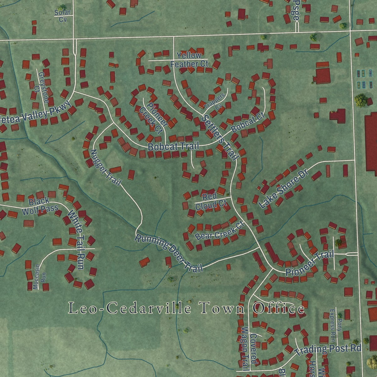 Close-up of the map of Leo-Cedarville, Indiana print showing street and building detail
