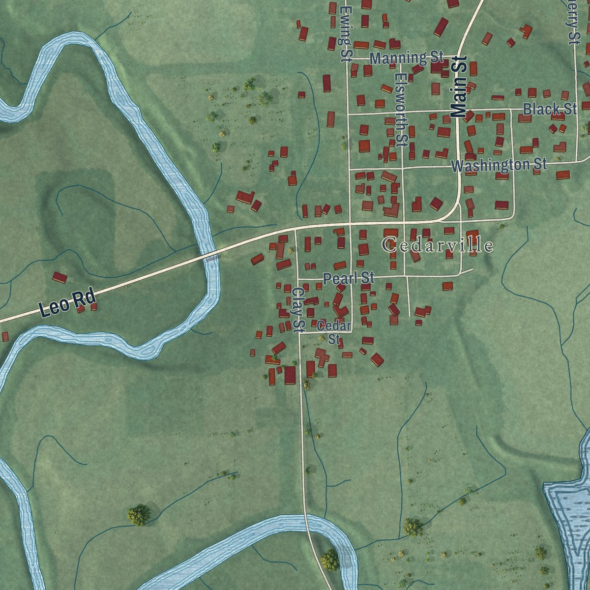 Second close-up of the map of Leo-Cedarville, Indiana print showing more streets and buildings