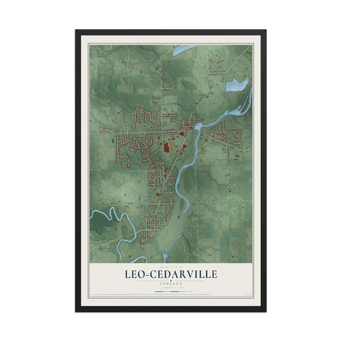 Map of Leo-Cedarville, Indiana, 12 x 18 inch print in a black wood frame