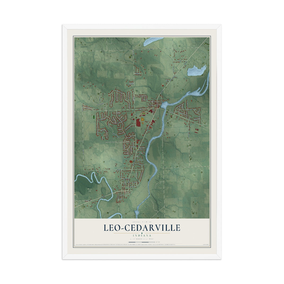 Map of Leo-Cedarville, Indiana, 12 x 18 inch print in a white wood frame