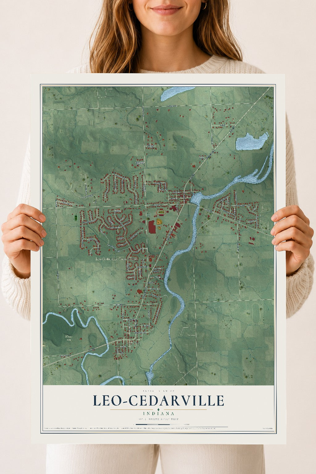 Map of Leo-Cedarville, Indiana, 18 x 24 inch unframed archival matte print
