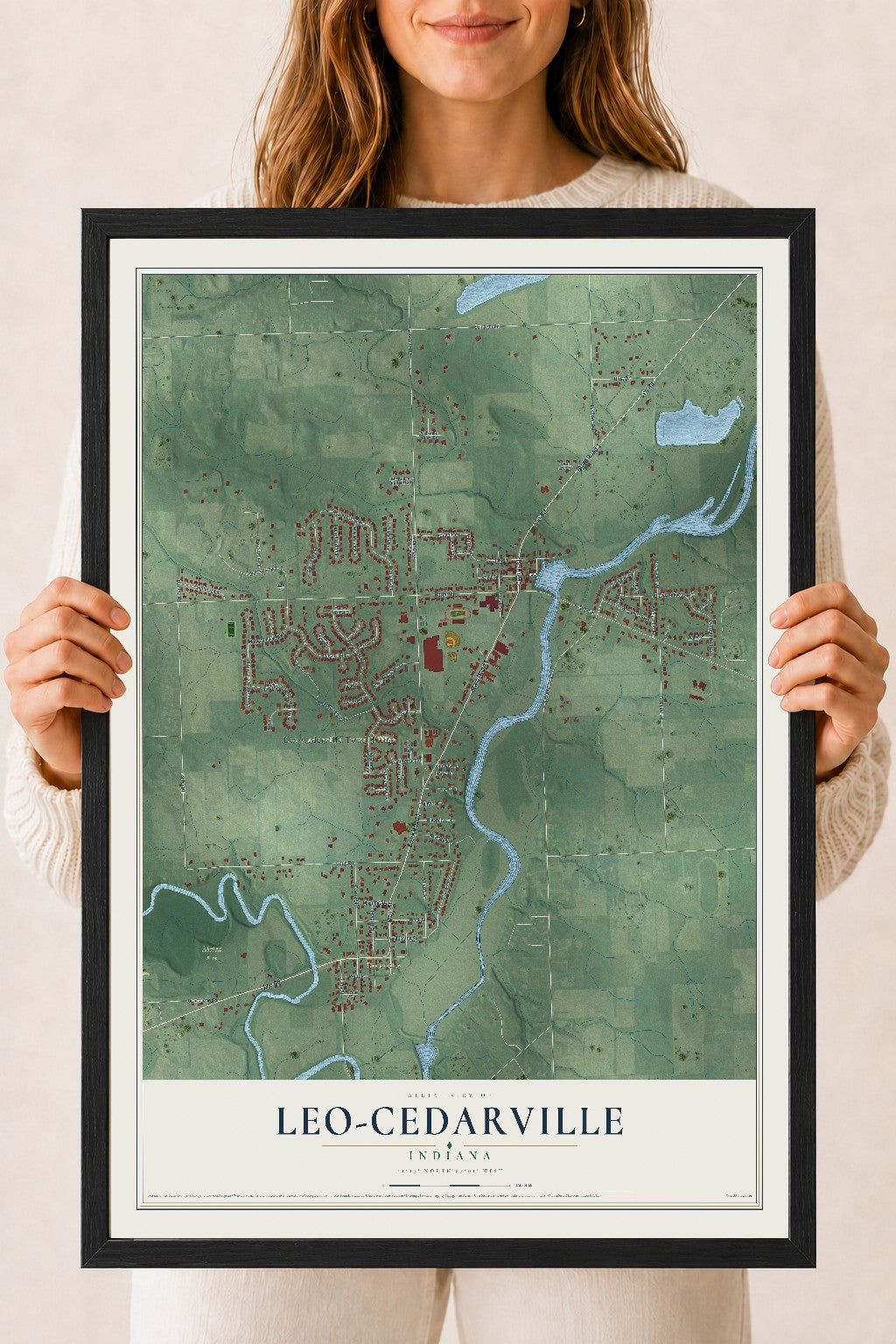 Map of Leo-Cedarville, Indiana, 18 x 24 inch print in a black wood frame