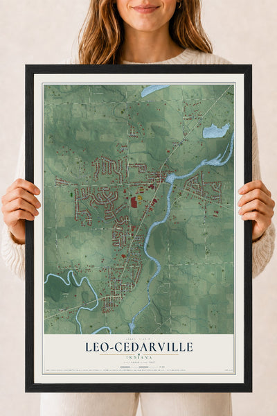 Map of Leo-Cedarville, Indiana, 18 x 24 inch print in a black wood frame