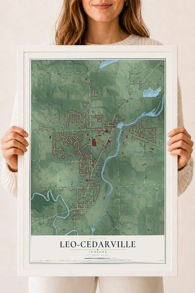 Map of Leo-Cedarville, Indiana, 18 x 24 inch print in a white wood frame