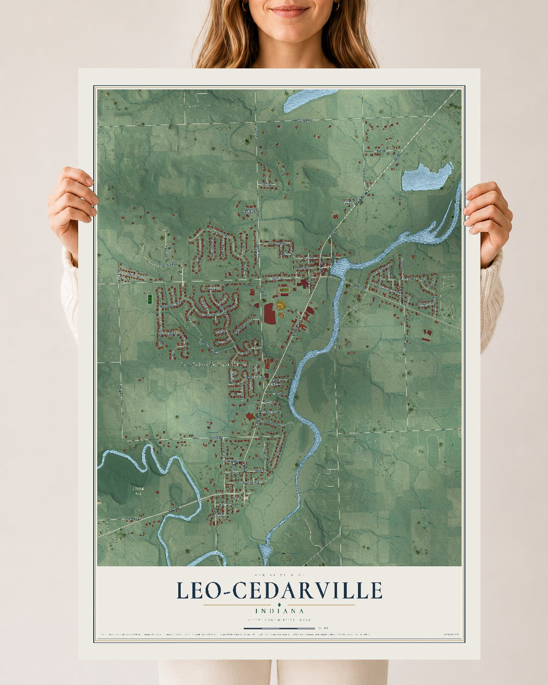 Map of Leo-Cedarville, Indiana, 24 x 36 inch unframed archival matte print