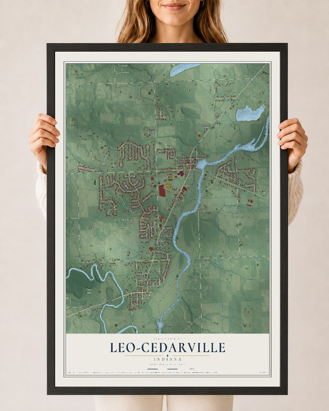 Map of Leo-Cedarville, Indiana, 24 x 36 inch print in a black wood frame