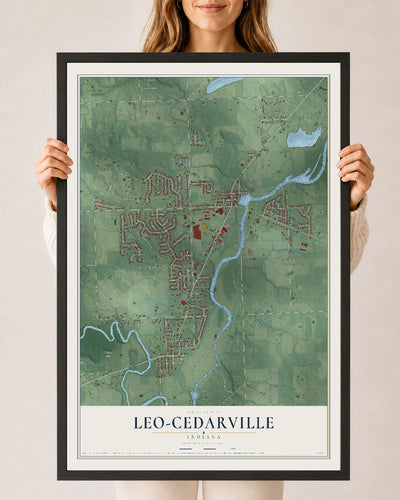 Map of Leo-Cedarville, Indiana, 24 x 36 inch print in a black wood frame