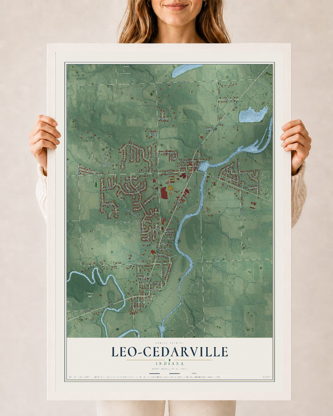 Map of Leo-Cedarville, Indiana, 24 x 36 inch print in a white wood frame