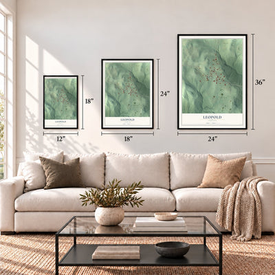 Leopold, Indiana map in 12 x 18, 18 x 24 and 24 x 36 inch sizes above a sofa