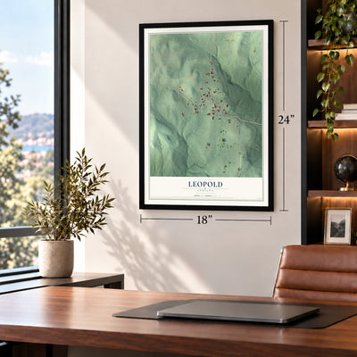 Leopold, Indiana map, 18 x 24 inch print in a black frame in a home office